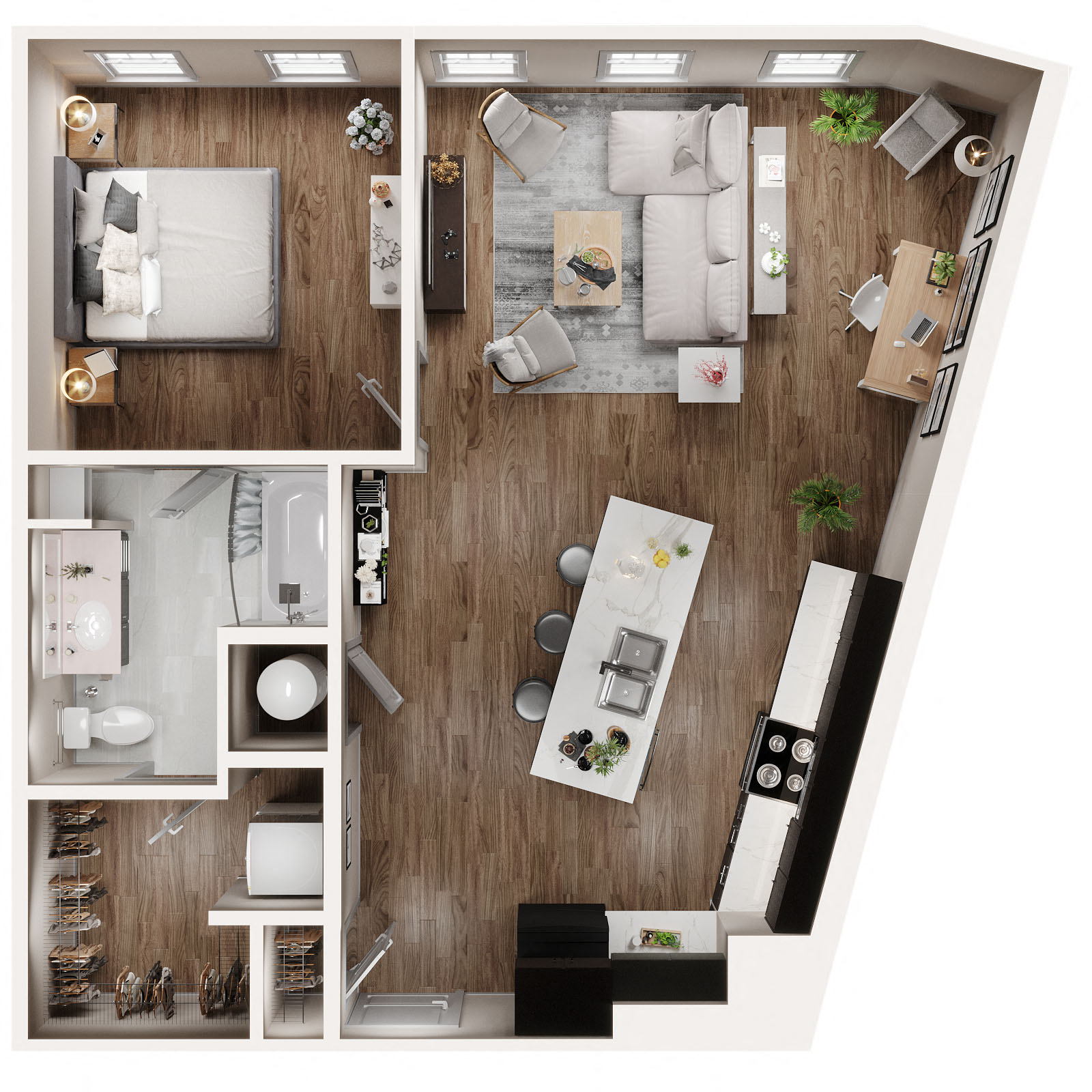 Floor plan for 1 bed, 1 bath, 893 sqft